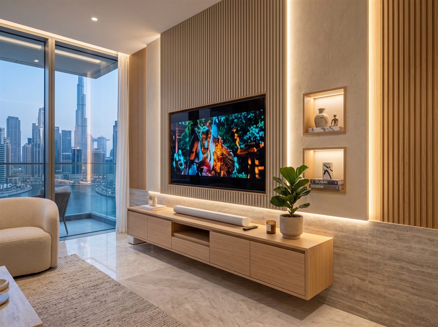 Light oak fluted media wall with lit niches and a floating oak unit